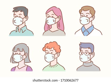 Hand drawn set of diverse people avatar wearing masks protection from disease or pollution, healthcare and hygiene concept, vector illustration flat design.