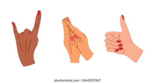 Hand drawn set of diversity hands gestures. Body language and praying by hands. Vector flat doodle illustrations isolated on white background