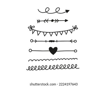 Hand drawn set divider calligraphy elements doodle style vector art illustration isolated on white background.