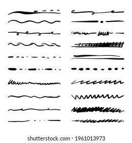 Hand drawn set of divider, underline, curly swishes, swashes, swoops. swirl, signature. Highlight text elements. doodle vector illustration