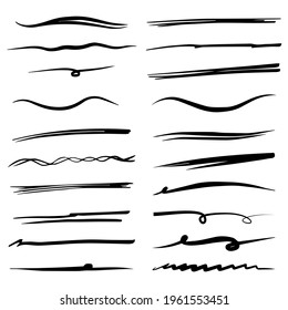 Hand drawn set of divider, underline, curly swishes, swashes, swoops. swirl, signature. Highlight text elements. doodle vector illustration