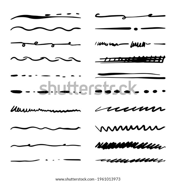 Hand drawn set of divider, underline, curly\
swishes, swashes, swoops. swirl, signature. Highlight text\
elements. doodle vector\
illustration