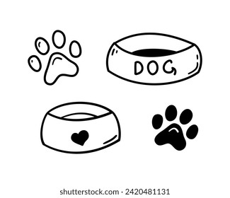 Juego dibujado a mano de tazones de perro y patas. Accesorios de doodle para mascotas en forma de boceto. Ilustración vectorial aislada en fondo blanco.