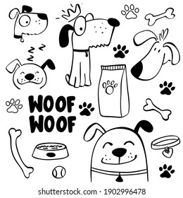 Hand Drawn Set Of Dog Icons And Pet Accessories Elements In Doodle Style.