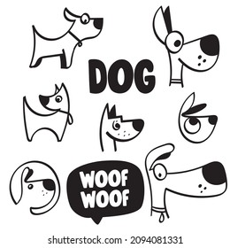 Hand drawn set of dog icons and pet in doodle style.