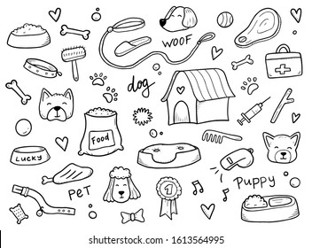 Hand Drawn Set Of Dog And Pet Accessories Elements: Bone, Food, Leash. For The Design Of Dog Themes: Training, Caring, Grooming A Dog. Doodle Sketch Style Vector Illustration.