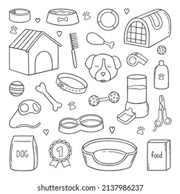 Hand drawn set of dog and pet accessories doodle. Supplies and equipment dogs in sketch style: bowl, toys, collar, food. Vector illustration isolated on white background.