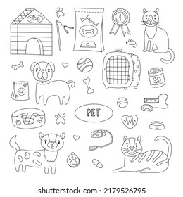 Hand drawn set of dog and pet accessories elements: bone, food, leash. For the design of dog and cat themes. Doodle sketch style vector illustration.