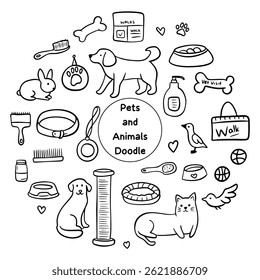 Conjunto desenhado à mão de cão e acessórios para animais de estimação elementos: osso, comida, coleira. Cuidados com animais. Ilustração do estilo de esboço Doodle.