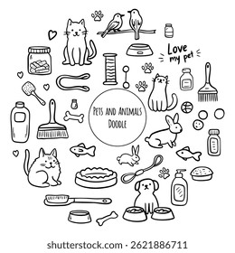 Conjunto desenhado à mão de cão e acessórios para animais de estimação elementos: osso, comida, coleira. Cuidados com animais. Ilustração do estilo de esboço Doodle.