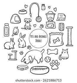 Conjunto desenhado à mão de cão e acessórios para animais de estimação elementos: osso, comida, coleira. Cuidados com animais. Ilustração do estilo de esboço Doodle.