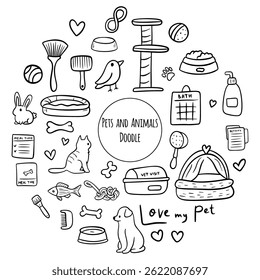 Conjunto desenhado à mão de cão e acessórios para animais de estimação elementos: osso, comida, coleira. Cuidados com animais. Ilustração do estilo de esboço Doodle.