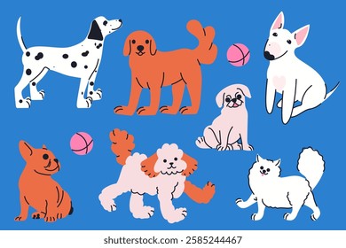 Hand drawn set with dogs. Different breeds. Modern isolated vector illustration.