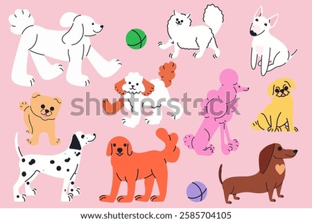 Hand drawn set with dogs. Different breeds. Modern isolated vector illustration.