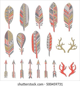 Hand drawn set with doodle antlers, feathers, arrows. Rustic decorative vector design collection.
