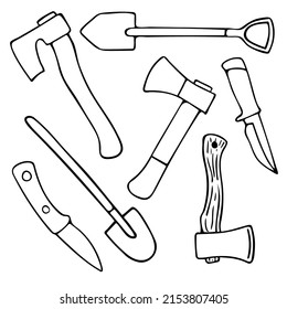 Juego dibujado a mano con hachas de doodle, palas y cuchillos. Instrumentos de jardín. Conjunto de herramientas de acampada vectorial. Esquema.