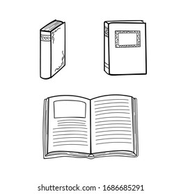 Hand drawn set of doodle books. Simple objects on white isolated background. Reading, hobby, relax, learning.