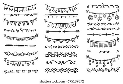 Hand drawn set of doodle border for card, banner design and frame decoration. Ink line sketch style vector illustration. Set of floral ornament, arrow, wave and other decoration elements.   