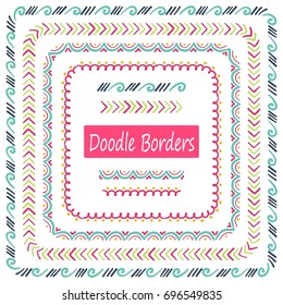 Hand drawn set of doodle border for card, banner design and frame decoration. Ink line sketch style vector illustration. Set of floral ornament, arrow, wave and other decoration elements.   