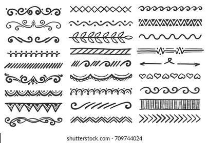 Hand drawn set of doodle border for card, banner design and frame decoration. Ink line sketch style vector illustration. Set of floral ornament, arrow, wave and other decoration elements.   
