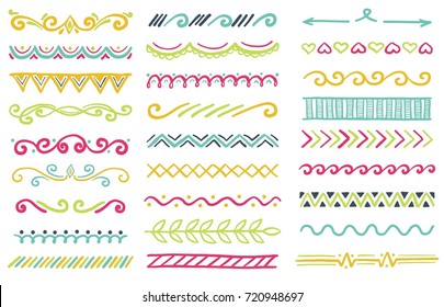 Hand drawn set of doodle border for card, banner design and frame decoration. Ink line sketch style vector illustration. Set of floral ornament, arrow, wave and other decoration elements.   