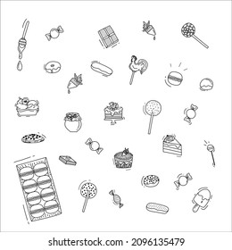 Hand drawn set of doodle candy with sweet doodle. set of sweets and candies, doodle, hand drawn. scribble. chocolate covered strawberries,macaron, eclair, donut.