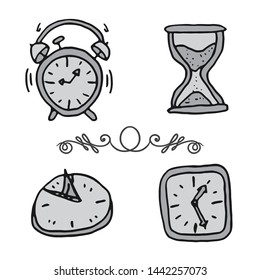 hand drawn set of doodle clocks and watches