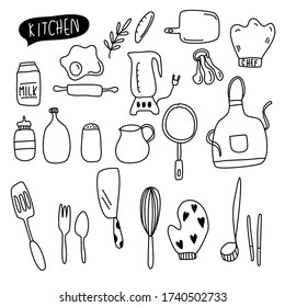 Hand drawn set of doodle cooking, kitchen tools.