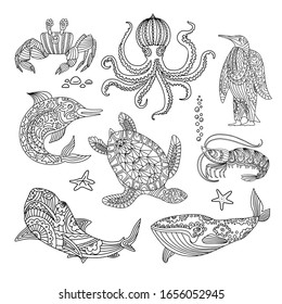 Hand drawn set doodle decorative black  vector illustration crab, octopuse, turtle, dolphin, shark, shrimp, whale isolated on white background. Sea animals design for child  coloring book, page, card