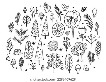 Hand drawn set with doodle design line trees, leaves, and mushrooms, childish style isolated vector illustration