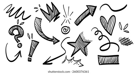 Hand drawn set of doodle design elements. Crown, arrow, curly swishes, exclamation, star, hearts. used for infographic concept design