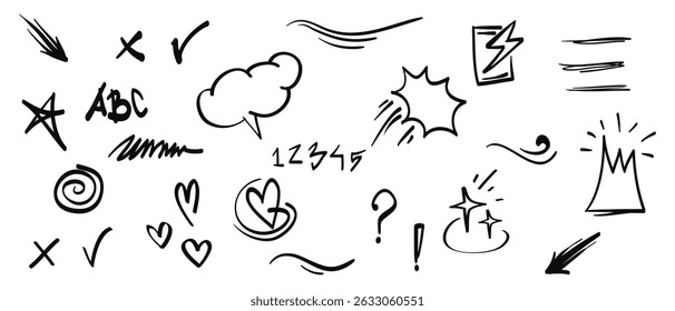 Hand drawn set of doodle design elements. Crown, arrow, curly swishes, bubble speech, star, hearts. used for infographic concept design