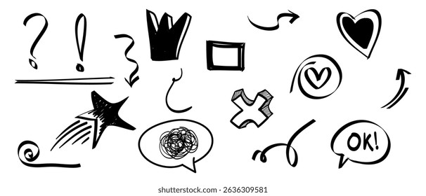 Hand drawn set of doodle design elements. Crown, arrow, curly swishes, exclamation, star, hearts. used for infographic concept design