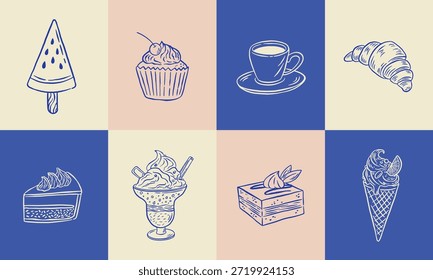 Conjunto de postres de doodle, helados, pastel de queso, cupcake, croissant y Ilustración vectorial de café. Diseño de menú de Antiguas Café