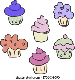 Hand drawn set of doodle with different muffin types. Colorful vector illustration