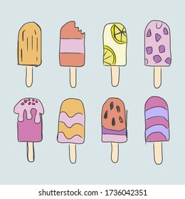 Hand drawn set of doodle with different ice cream types. Colorful vector illustration