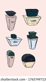 Hand drawn set of doodle with different parfume types. Colorful vector illustration