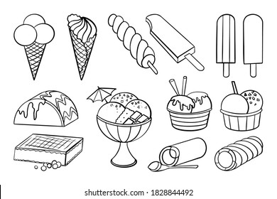 Hand drawn set of doodle with different ice cream types: waffle cone, cup ice cream, popsicle. Sketch style vector illustration for cafe menu, card, birthday card decoration.