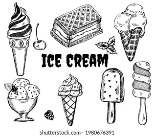 Hand drawn set of doodle with different ice cream types. Sketch style vector illustration for cafe menu, card, birthday card decoration.