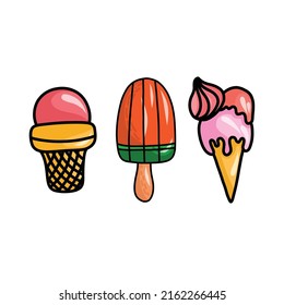 Hand drawn set of doodle with different ice cream types: ice cream waffle cone, cup ice cream, popsicle