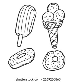 Hand drawn set of doodle with different ice cream types: waffle cone, cup ice cream, popsicle, sundae. Sketch style vector illustration for cafe menu, card, birthday card decoration.