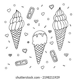 Hand drawn set of doodle with different ice cream. Sketch style vector illustration for cafe menu, card, birthday card decoration.
