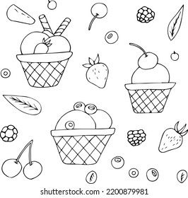 Handgezeichnete Doodle mit verschiedenen Eis. Vektorgrafik im Skizzenstil für Café-Menü, Karte, Geburtstagskartendekoration.