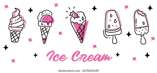 Juego de doodle dibujado a mano con diferentes tipos de helado: cono de waffle de helado, taza de helado. Ilustración vectorial del estilo del bosquejo para el menú del café, tarjeta, decoración de la tarjeta del cumpleaños. 