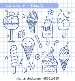 Hand drawn set of doodle with different ice cream types: ice cream waffle cone, cup ice cream, popsicle, sundae. Sketch style vector illustration for cafe menu, card, birthday card decoration.   