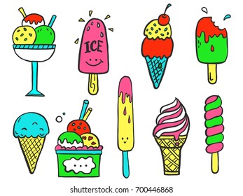 Hand drawn set of doodle with different ice cream types: ice cream waffle cone, cup ice cream, popsicle, sundae. Sketch style vector illustration for cafe menu, card, birthday card decoration.