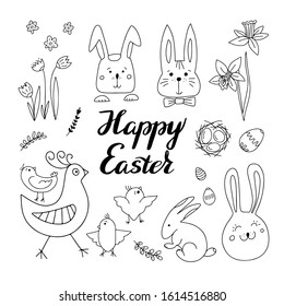Hand drawn set of doodle Easter design elements. Eggs, chicken, nest, rabbit, tulips, flowers, willow, branches, tulips, narcissus and Happy Easter lettering. Best decoration and spring greeting card