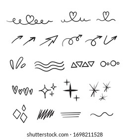 hand drawn Set of doodle elements. Black and white linear pattern. Sketch style vector collection. cartoon style vector isolated