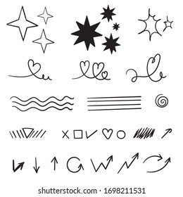 hand drawn Set of doodle elements. Black and white linear pattern. Sketch style vector collection. cartoon style vector isolated