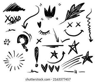 Hand drawn set doodle elements for concept design isolated on white background. Infographic elements. emphasis, curly swishes, swoops, swirl, arrow, heart, leaf, crown, star. vector illustration. 